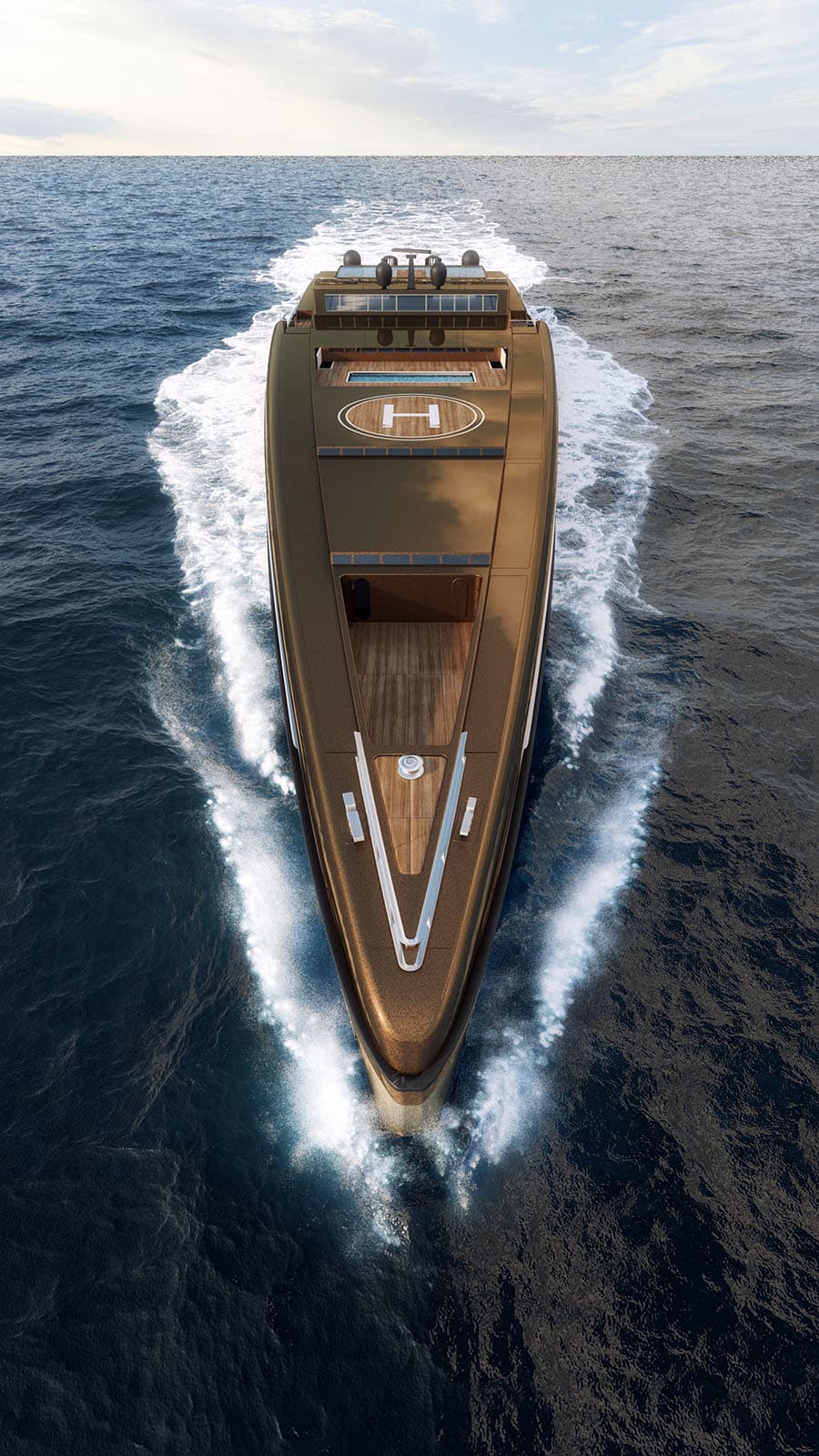 150m superyacht concept - aerial view showing gold hull cutting through deep ocean
